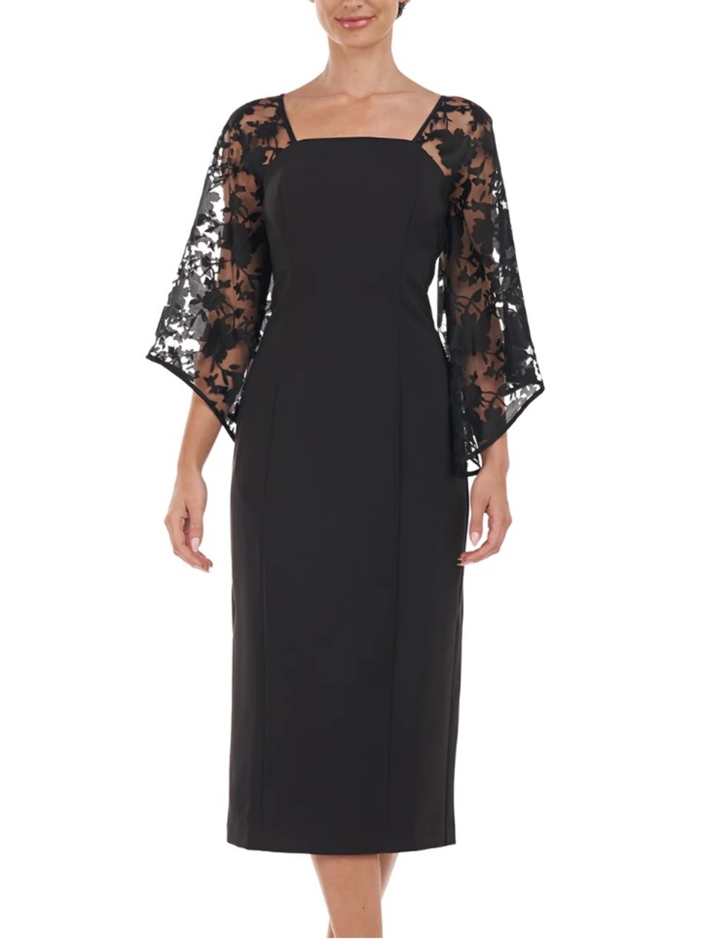 JS Collections Vivian Square Neck Midi Dress Lace Sleeve Cocktail Dress Black 8